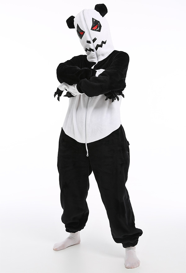 Adult Onesie Angry Panda Halloween Pajama Costume Black and White Polyester One-Piece Sleepwear Kigurumi for Women