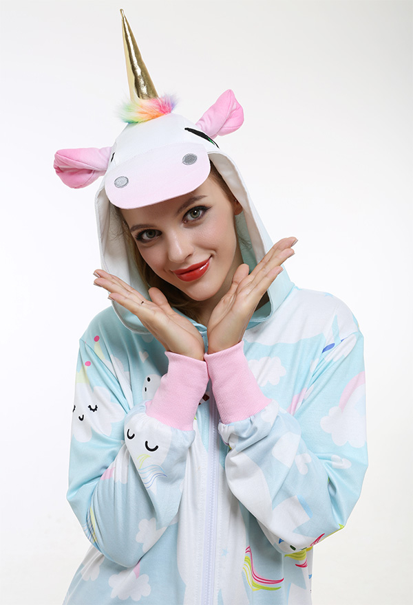 Unisex Animal Cartoon Unicorn Onesie Pajama Cute Style Artificial Fur Long Sleeve Hooded Jumpsuit Christmas Costume