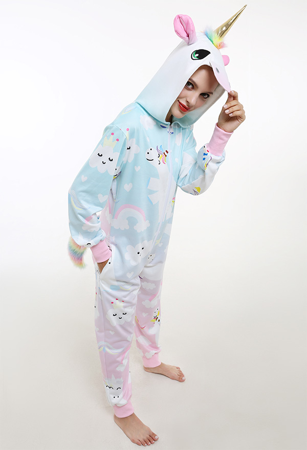 Unisex Animal Cartoon Unicorn Onesie Pajama Cute Style Artificial Fur Long Sleeve Hooded Jumpsuit Christmas Costume