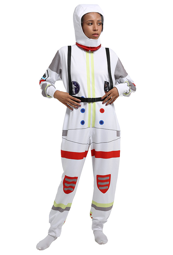 Women Novelty Spaceman Onesie Christmas Pajama Costume Spandex Astronaut Hooded Jumpsuit with Helmet Backpack