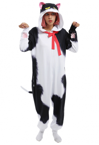 Adult Animal Cartoon Onesie Pajamas Black and White Polyester Cat Pattern Sleepwear Jumpsuit for Women