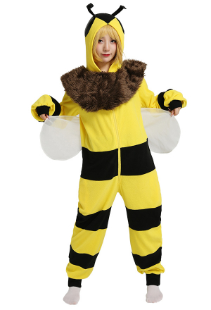 Women Cartoon Animal Bee Onesie Halloween Pajama Costume Yellow and Black Plush One Piece Jumpsuit with Wings and Removable Collar