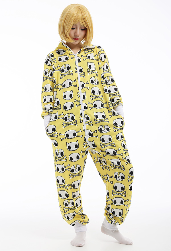 Women Cartoon Onesie Halloween Pajama Costume Yellow Fleece One-piece Human Skull Print Cat Ear Cosplay Sleepwear