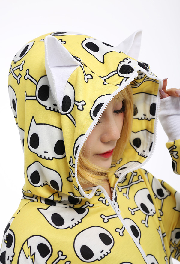 Women Cartoon Onesie Halloween Pajama Costume Yellow Fleece One-piece Human Skull Print Cat Ear Cosplay Sleepwear