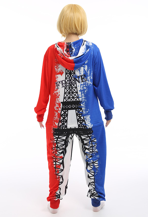 Women Flag Series Onesie Pajama Polyester Long Sleeve France National Flag Eiffel Tower Pattern Sleepwear Halloween Costume