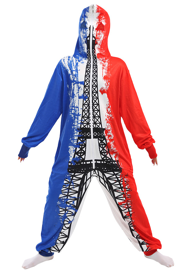 Women Flag Series Onesie Pajama Polyester Long Sleeve France National Flag Eiffel Tower Pattern Sleepwear Halloween Costume