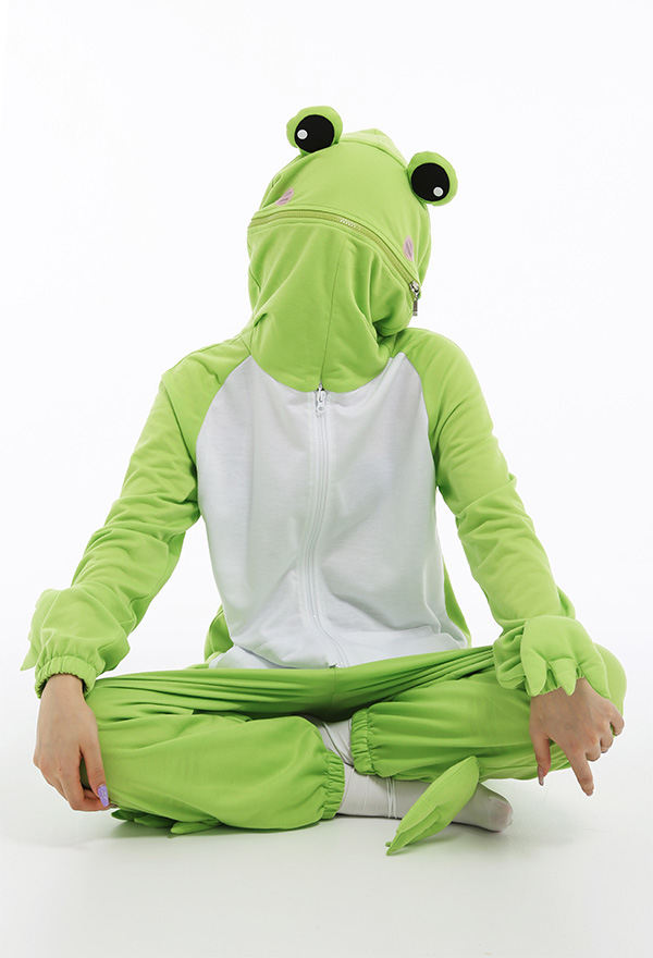 Women Cartoon Animal Onesie Kigurumi Green Polyester Zipper Long Sleeve Cute Frog Christmas Pajama Costume