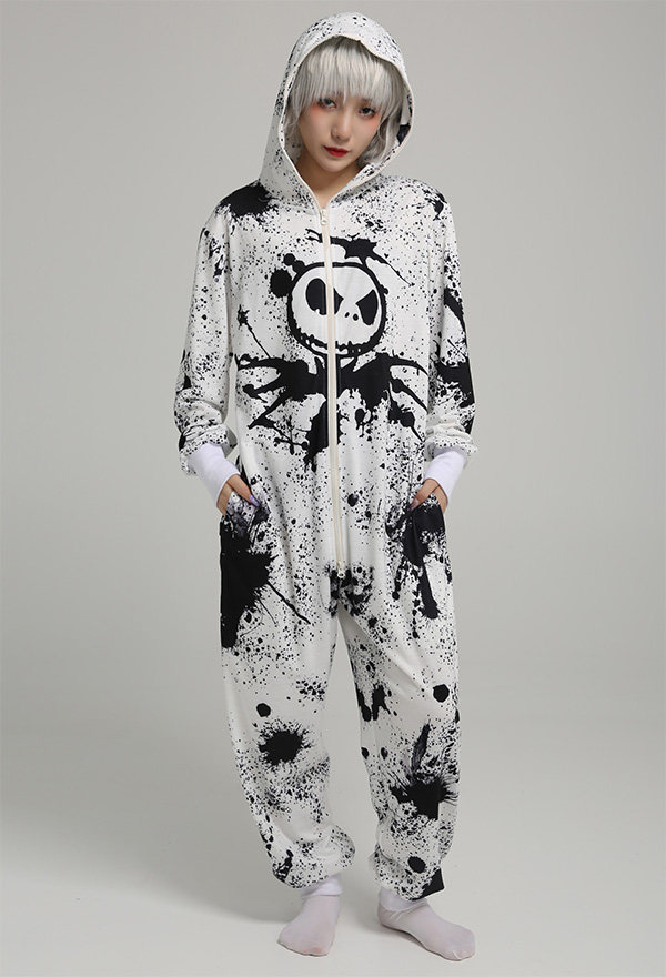 Women Onesie Pajama Halloween Costume White and Black Polyester Long Sleeve Zipper Ink Dots Skull Pattern Jumpsuit