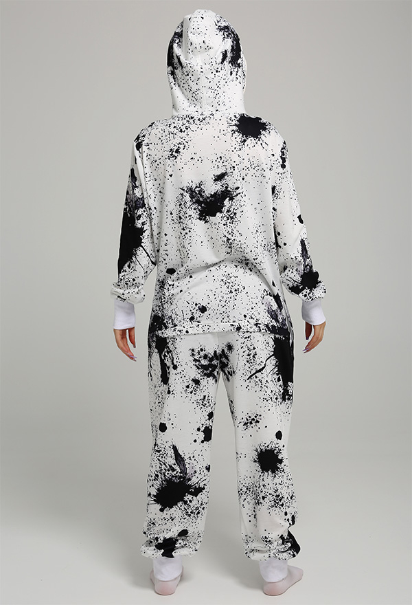 Women Onesie Pajama Halloween Costume White and Black Polyester Long Sleeve Zipper Ink Dots Skull Pattern Jumpsuit