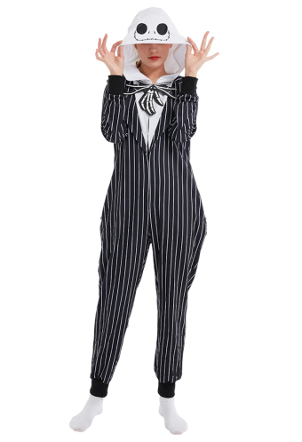 Jack Halloween Women Halloween Black White Stripe Hooded Onesie Pajama