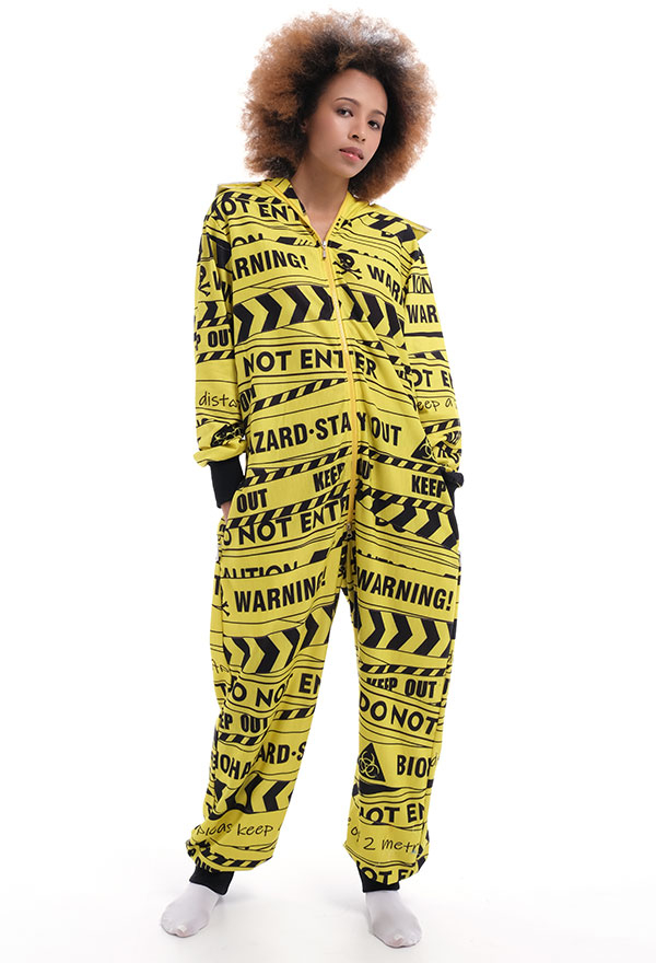 Women Skeleton Print Onesie Halloween Pajama Costume Yellow Polyester Warning Zone Tape Printing Jumpsuit