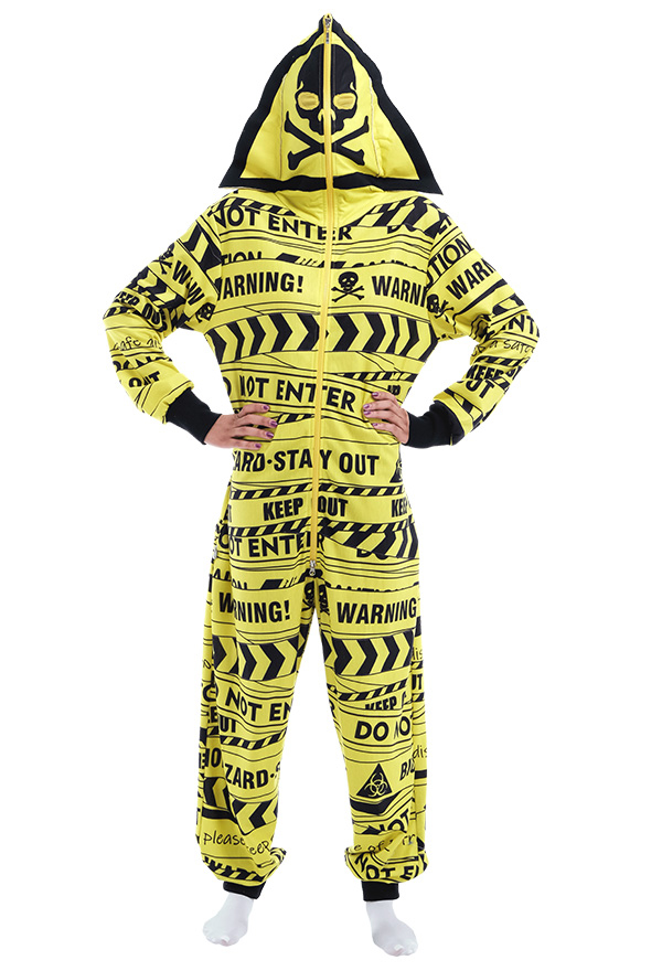 Women Skeleton Print Onesie Halloween Pajama Costume Yellow Polyester Warning Zone Tape Printing Jumpsuit