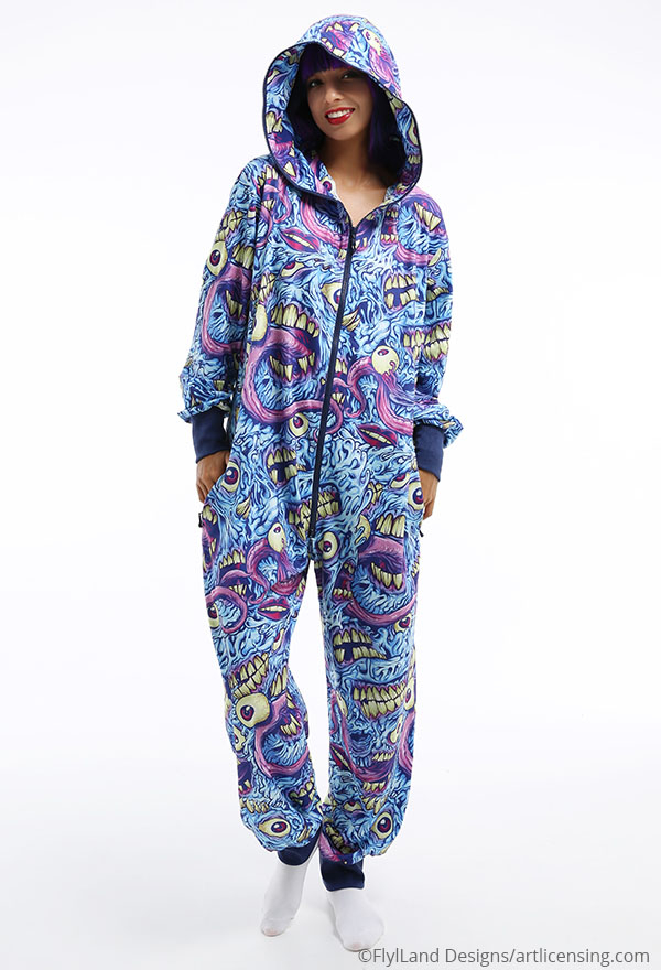 Erroneous World Women Halloween Blue Monster Print Hooded Onesie Pajama