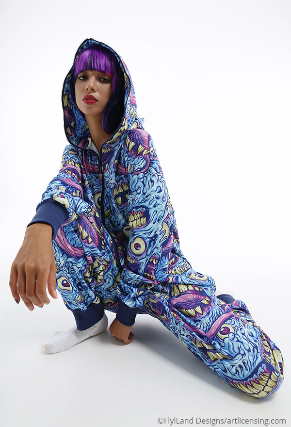 Erroneous World Women Halloween Blue Monster Print Hooded Onesie Pajama