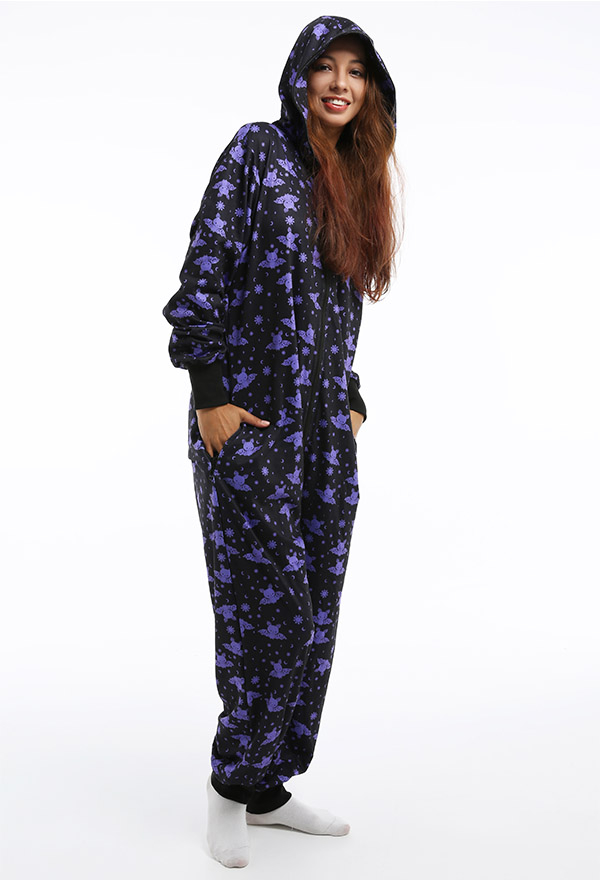 Women Adult Bat Halloween Onesie Pajama Costume Dark Style Purple Polyester Long Sleeve Hooded Jumpsuit