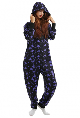 Women Adult Bat Halloween Onesie Pajama Costume Dark Style Purple Polyester Long Sleeve Hooded Jumpsuit