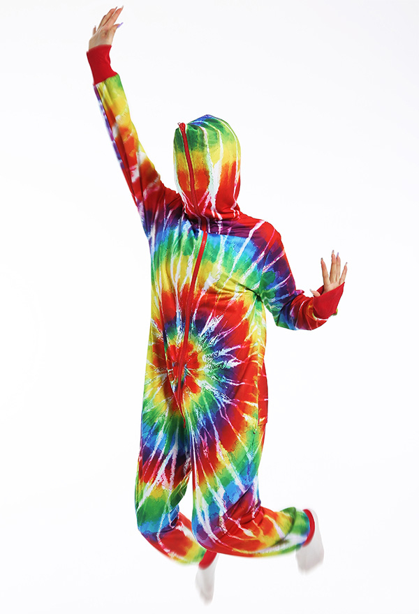 Pride Fashion Women Spinning Rainbow Print Hooded Onesie Pajama for Adult