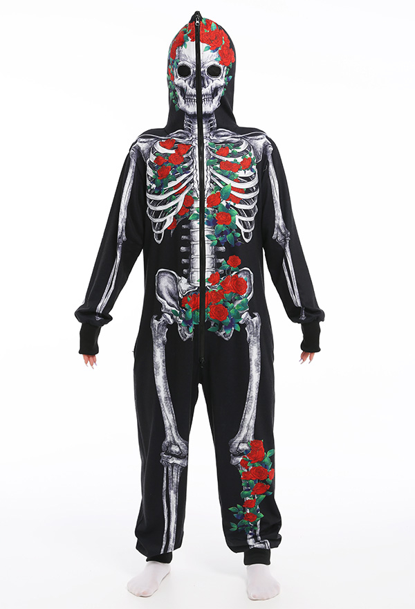 Skeleton Halloween Pajama Costume Demon Series Women Onesie Kigurumi Gothic Dark Style Polyester Long Sleeve Rose Human Skeleton Pajama Jumpsuit