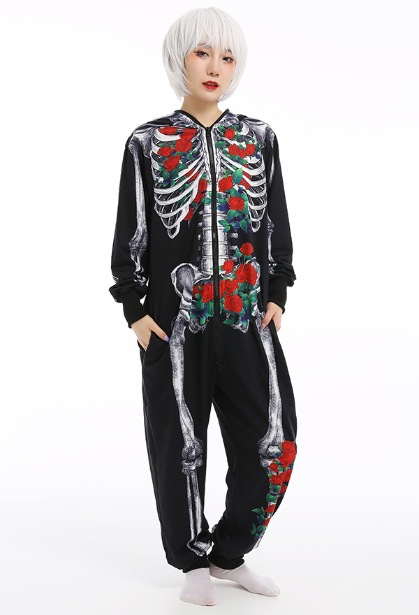 Skeleton Halloween Pajama Costume Demon Series Women Onesie Kigurumi Gothic Dark Style Polyester Long Sleeve Rose Human Skeleton Pajama Jumpsuit