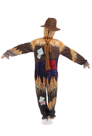 Women Adult Onesie Halloween Pajama Costume Polyester Long Sleeved Hooded One-Piece Scarecrow Jumpsuit Sleepwear with Hat
