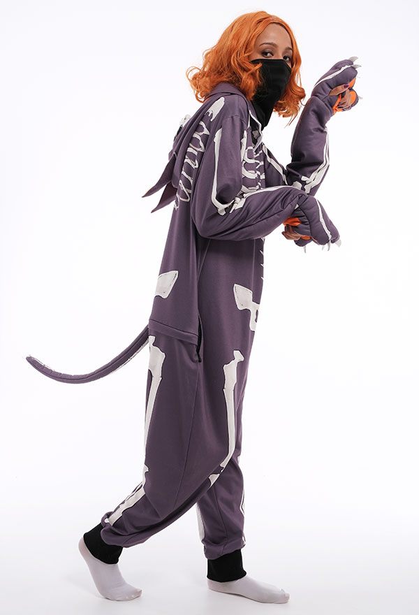 Gothic Animal Cartoon Skull Cat Kigurumi Dark Style Polyester Long Sleeve Hooded Onesie Pajamas Halloween Costume for Women