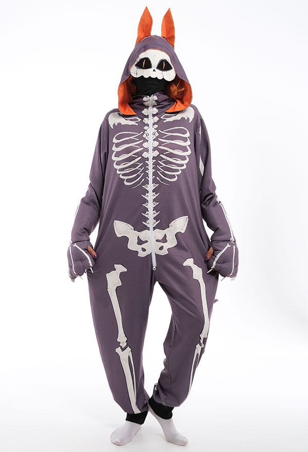 Gothic Animal Cartoon Skull Cat Kigurumi Dark Style Polyester Long Sleeve Hooded Onesie Pajamas Halloween Costume for Women