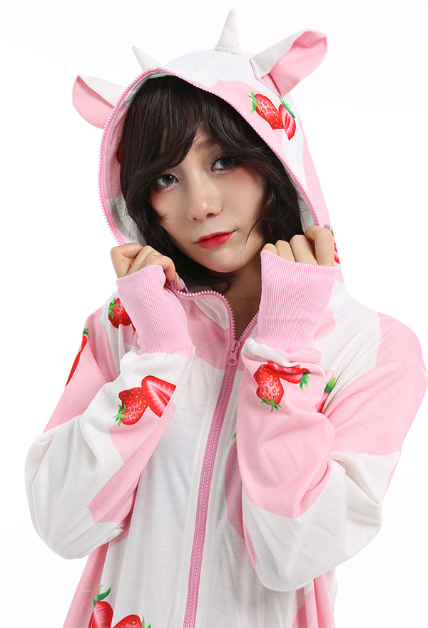 Kawaii Christmas Onesie Costume Women Animal Strawberry Milk Cow Kigurumi Pajama Pink and White Polyester Long Sleeve Hooded Sleepwear Jumpsuit