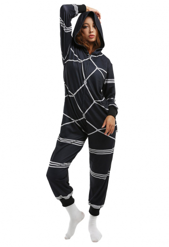 Gothic Party Game Play Sleepwear Jumpsuit Dark Style Binding Rope Pattern Hooded Halloween Onesie Pajama Costume for Women