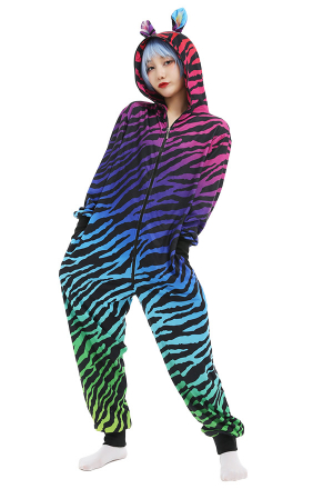Women Zebra-Stripe Onesie Jumpsuit Cyberpunk Style Colorful Polyester Hooded Long Sleeve Pajama Halloween Cosplsy Costume