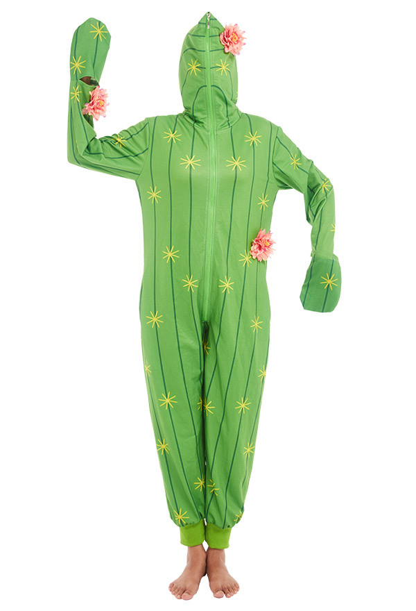 Kawaii Cartoon Cactus Print Onesie Pajamas Kigurumi Green Polyester Long Sleeve Hooded Jumpsuit Christmas Costume for Women 