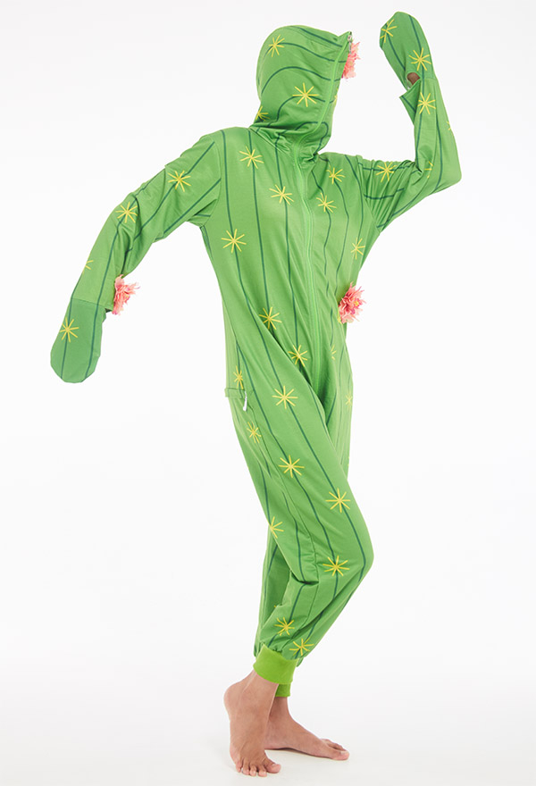 Kawaii Cartoon Cactus Print Onesie Pajamas Kigurumi Green Polyester Long Sleeve Hooded Jumpsuit Christmas Costume for Women