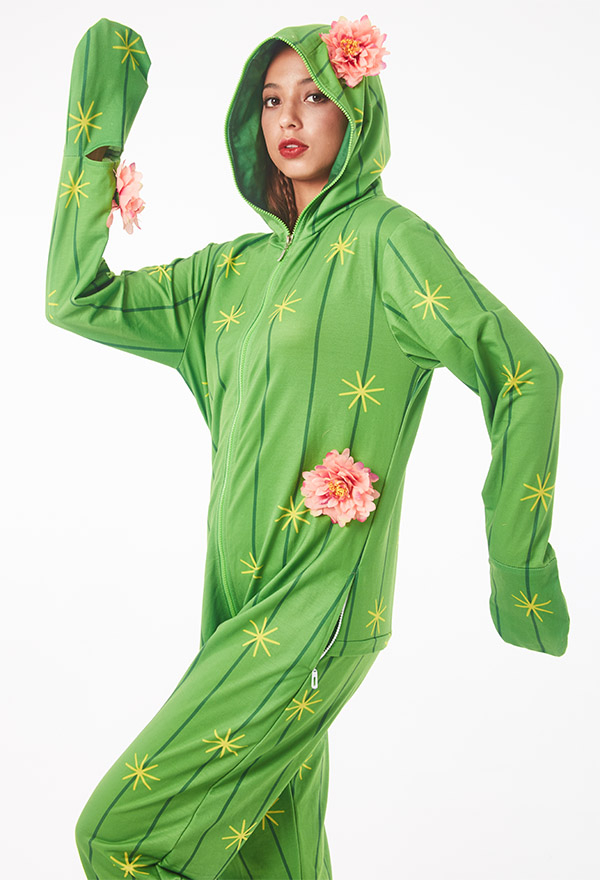 Kawaii Cartoon Cactus Print Onesie Pajamas Kigurumi Green Polyester Long Sleeve Hooded Jumpsuit Christmas Costume for Women