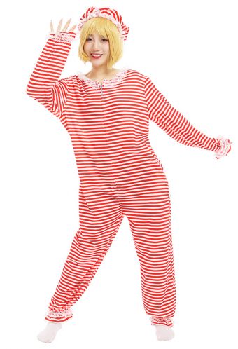Women Striped Onesie Christmas Pajama Costume Pink and white Polyester Lace Decorated Long Sleeve Zipper Jumpsuit