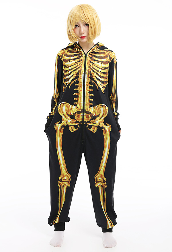 Skeleton Halloween Pajama Costume Demon Series Unisex Onesie Pajama Gothic Dark Style Polyester Golden Skeleton Digital Printing Jumpsuit