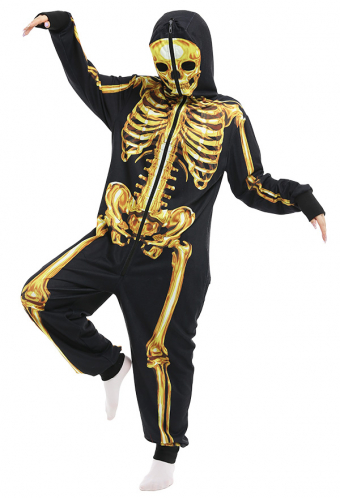Skeleton Halloween Pajama Costume Demon Series Unisex Onesie Pajama Gothic Dark Style Polyester Golden Skeleton Digital Printing Jumpsuit