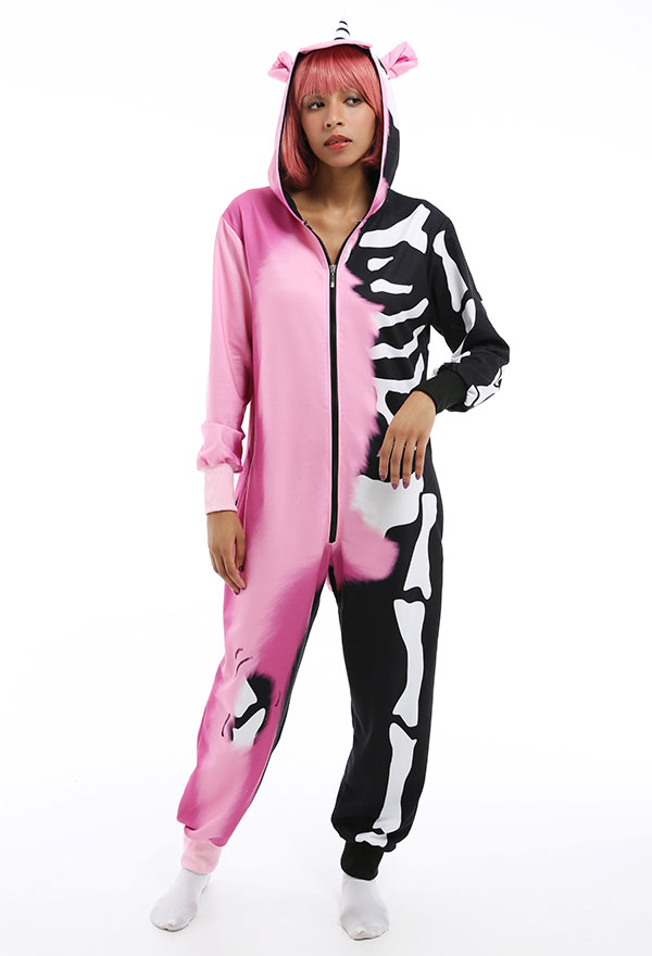 Women Adult Skeleton Unicorn Onesie Pajama Pastel Color Contrast Cotton Long Sleeve Hoodie Jumpsuit for Halloween Party Wear