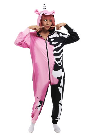 Women Adult Skeleton Unicorn Onesie Pajama Pastel Color Contrast Cotton Long Sleeve Hoodie Jumpsuit for Halloween Party Wear