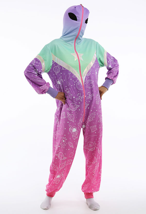 Adult Novelty Onesie Halloween Pajama Costume Gradient Color Polyester Alien Print Hooded Sleepwear Jumpsuit for Women