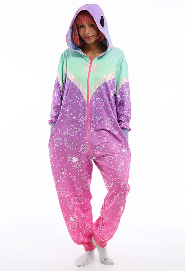 Adult Novelty Onesie Halloween Pajama Costume Gradient Color Polyester Alien Print Hooded Sleepwear Jumpsuit for Women