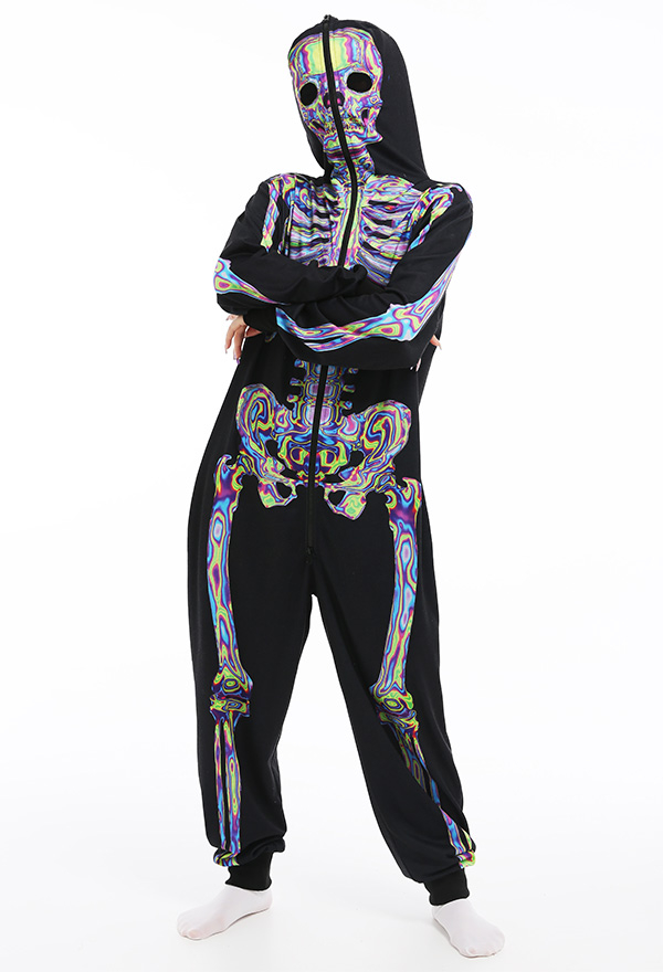 Skeleton Halloween Pajama Costume Demon Series Unisex Onesie Kigurumi Gothic Dark Style Polyester Long Sleeve Laser Skeleton Digital Printing Pajama Jumpsuit