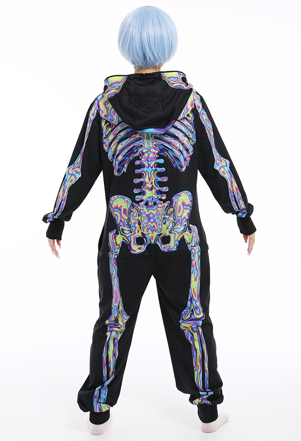 Skeleton Halloween Pajama Costume Demon Series Unisex Onesie Kigurumi Gothic Dark Style Polyester Long Sleeve Laser Skeleton Digital Printing Pajama Jumpsuit
