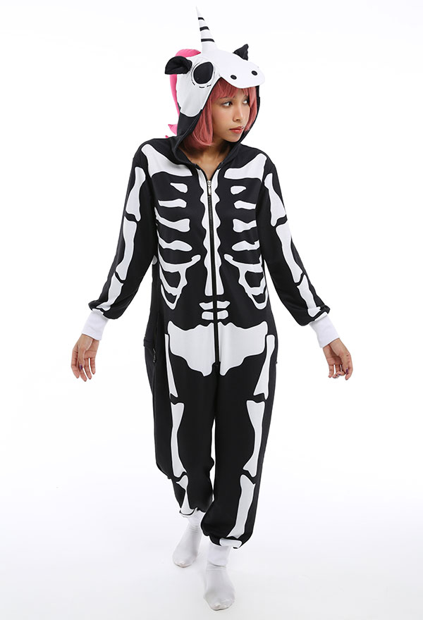 Adult Skeleton Unicorn Onesie Pajama Kigurumi Dark Style Black and White Cotton Long Sleeve Hoodie Jumpsuit Halloween Costume for Women