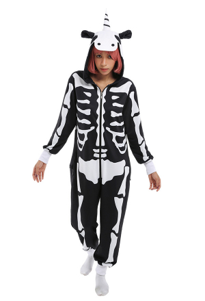Adult Skeleton Unicorn Onesie Pajama Kigurumi Dark Style Black and White Cotton Long Sleeve Hoodie Jumpsuit Halloween Costume for Women