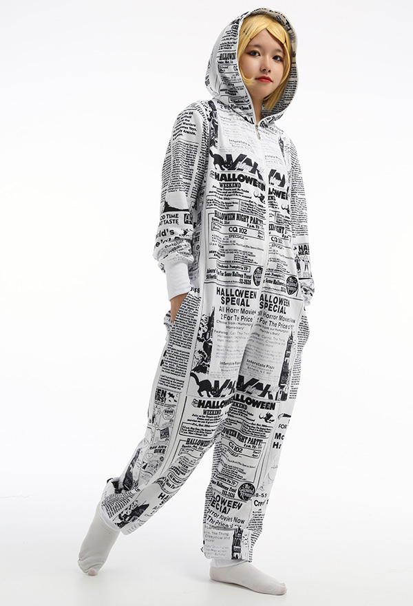 Adult Halloween Special Character Printing Onesie Pajamas White Polyester Long Sleeve Hooded Jumpsuit for Women