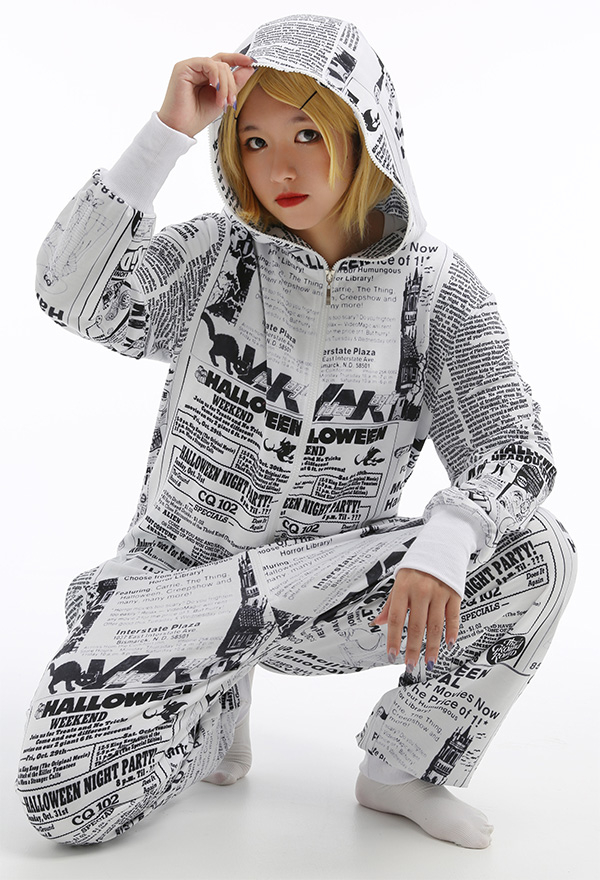 Adult Halloween Special Character Printing Onesie Pajamas White Polyester Long Sleeve Hooded Jumpsuit for Women