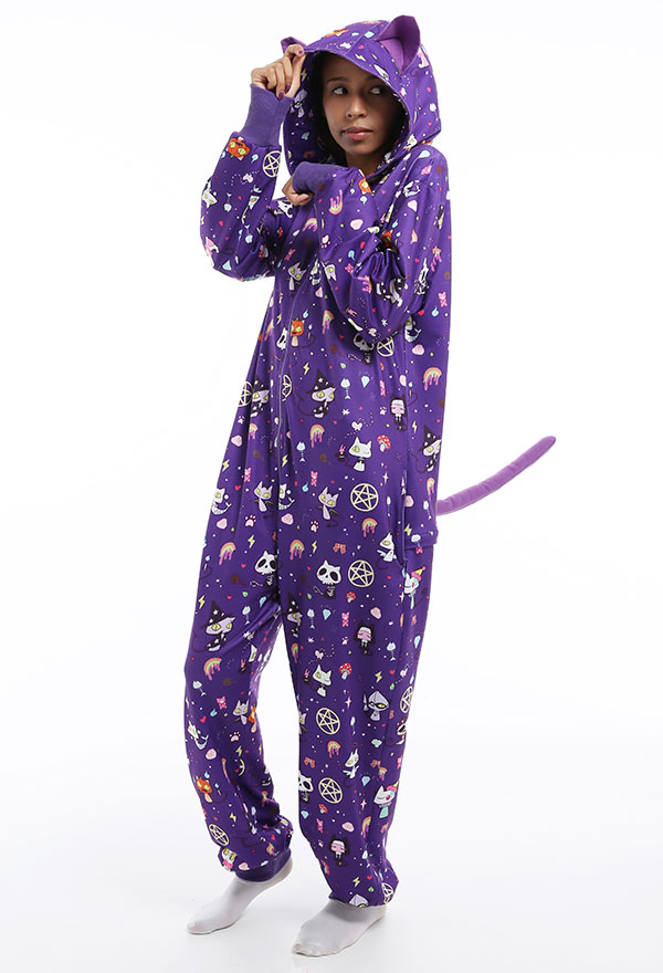 Women Adult Devil Cat Print Onesie Pajamas Dark Style Pastel Polyester Long Sleeve Hooded Jumpsuit Halloween Costume