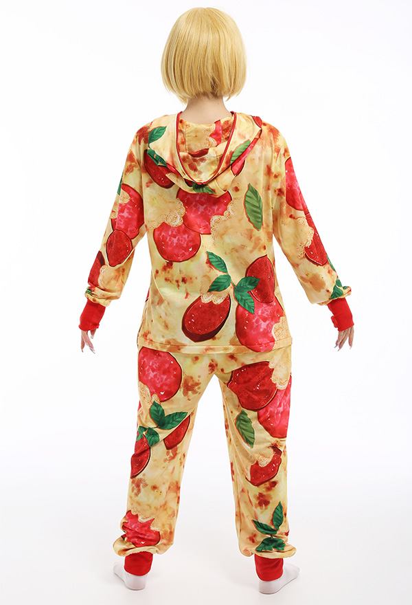 Women Cartoon Onesie Christmas Pajama Costume Polyester Long Sleeve Hooded Cute Pizza Sleepwear Kigurumi