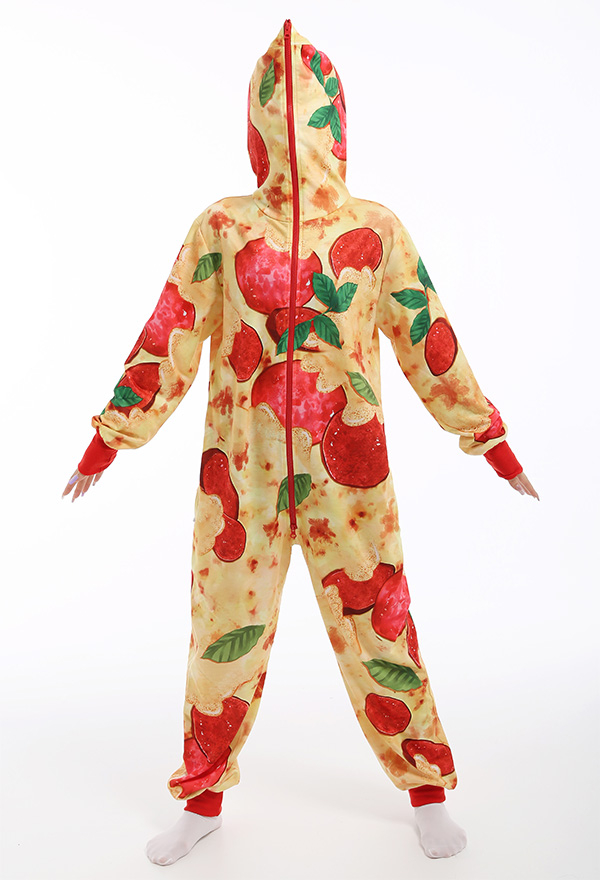 Women Cartoon Onesie Christmas Pajama Costume Polyester Long Sleeve Hooded Cute Pizza Sleepwear Kigurumi