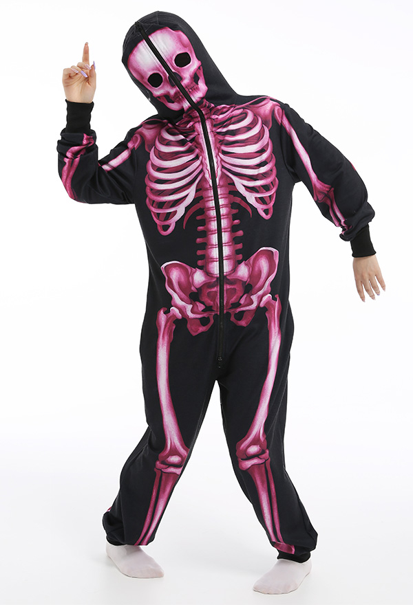 Skeleton Halloween Pajama Costume Demon Series Unisex Onesie Kigurumi Gothic Dark Style Polyester Long Sleeve Pink Skeleton Digital Printing Pajama Jumpsuit