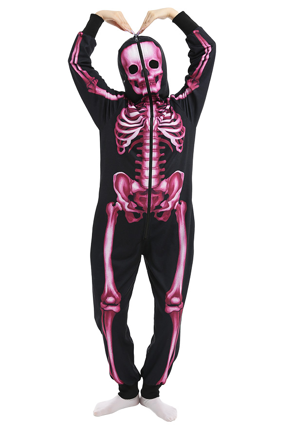 Skeleton Halloween Pajama Costume Demon Series Unisex Onesie Kigurumi Gothic Dark Style Polyester Long Sleeve Pink Skeleton Digital Printing Pajama Jumpsuit
